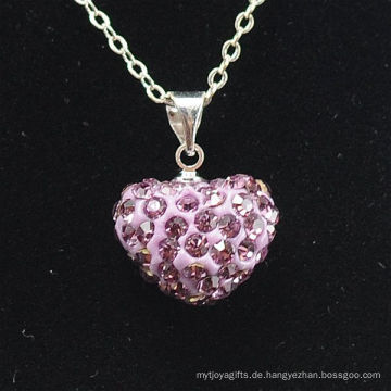 Neue Ankunft Shamballa Halsketten-Großverkauf-Herz-Form-neuer Ankunfts-rosafarbener Kristalllehm Shamballa mit silberner Ketten-Halskette